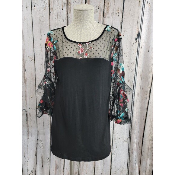 ALK Women's Small Suzanne Betro Embroidered Lace Sleeve Floral Blouse Shirt Top - Picture 1 of 9